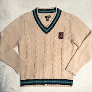 Houston White TARGET Cream Blue Cable Knit long slv V-Neck Pullover Sweater M